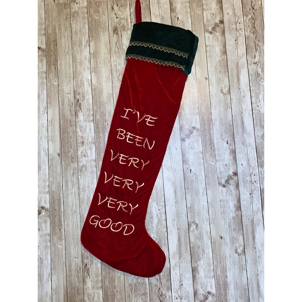 Red Velvet Christmas Stocking With Ive Been Very Very Very Very Good Embroidery